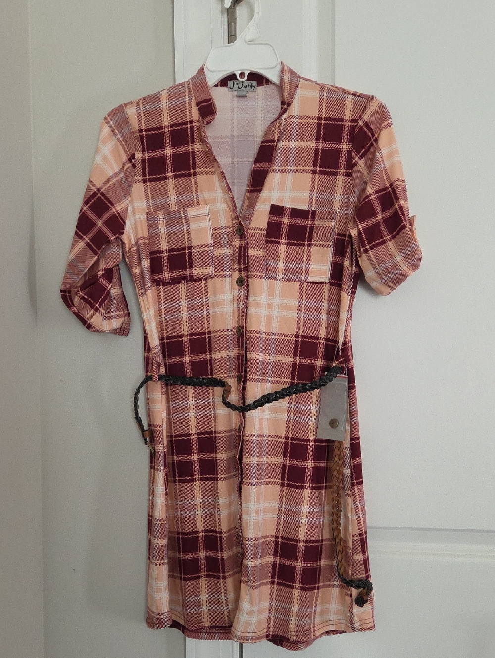 J for Justify Plaid Shirt Dress in Burgundy and Peach
